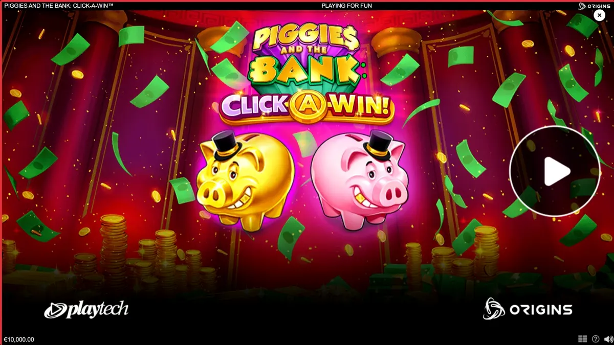 Tampilan visual slot Piggies and the Bank: Click-A-Win dengan tema babi kaya dan brankas.