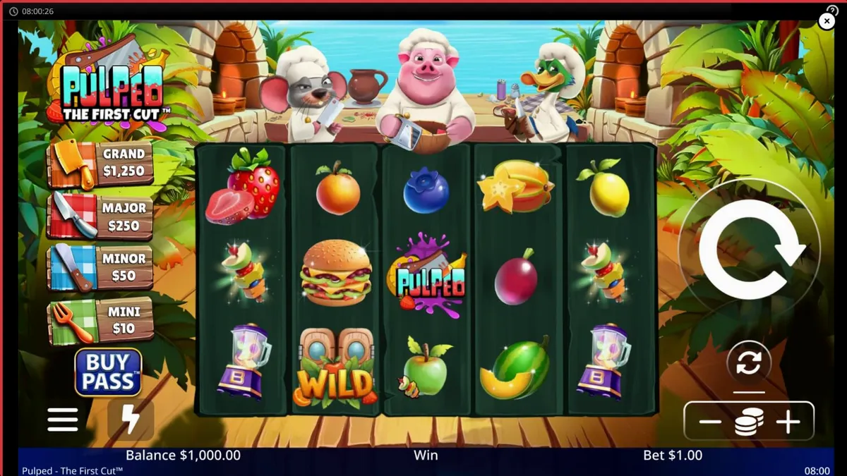Tampilan visual slot Pulped: The First Cut dengan karakter koki hewan dan simbol buah segar.