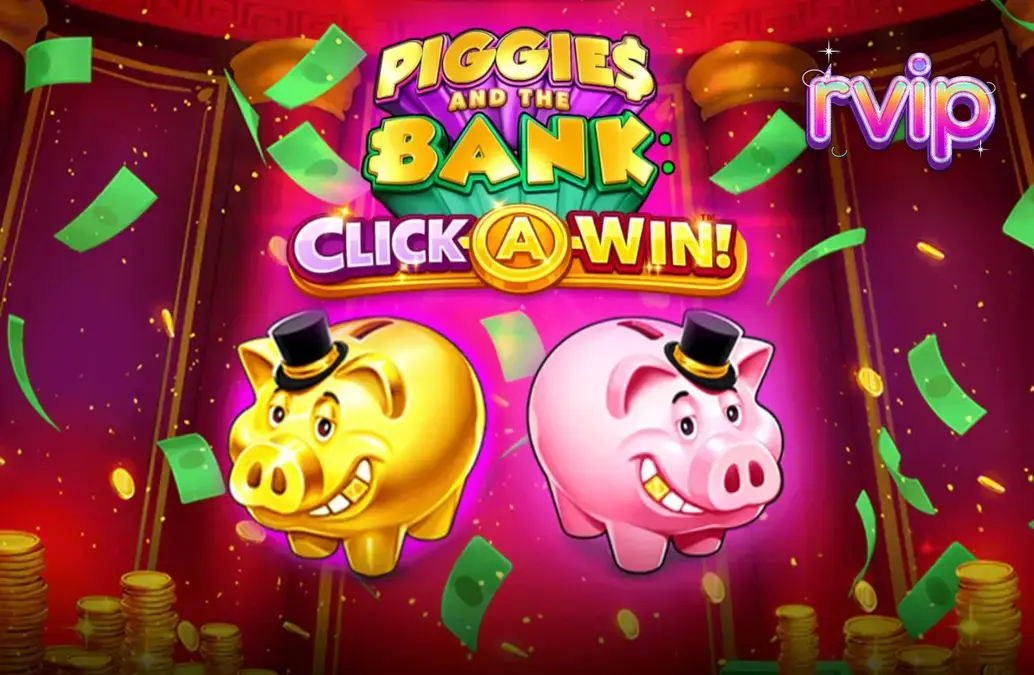 Tampilan visual permainan slot Piggies and the Bank: Click-A-Win dengan karakter babi mewah